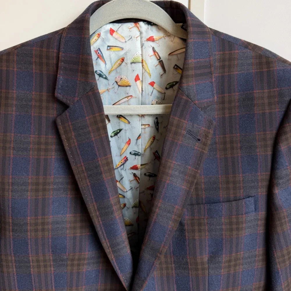 Ted Baker Tight Lines Blazer 38R Blue Brown Plaid Windowpane Preppy Sport Coat